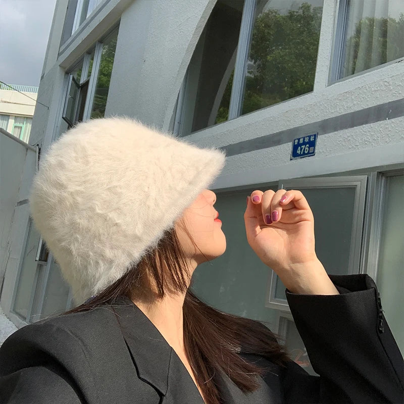 Women’s Winter Rabbit Fur Bucket Hat | Knitted Wool Fisherman Cap | Soft & Stylish Cold-Weather Accessory
