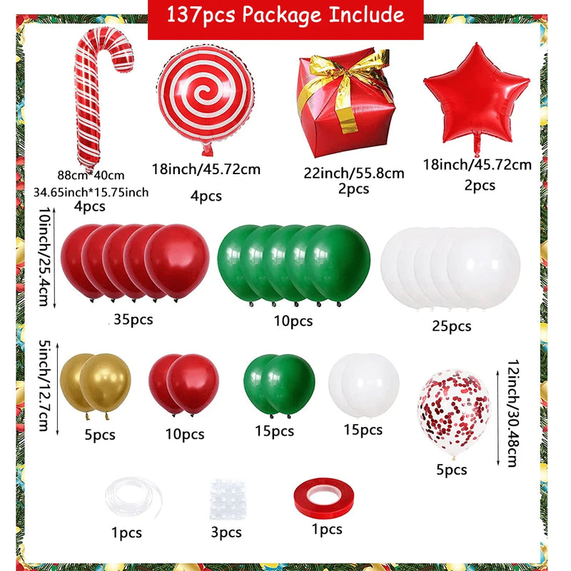 137PCS Christmas Balloon Decoration Set | Red, Green & White Balloon Arch Kit with Candy Cane & Foil Balloons