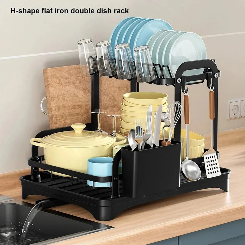 2-Tier Dish Drying Rack | Metal Dish Drainer with Drain Basket & Rotating Water Outlet | Kitchen Countertop Organizer