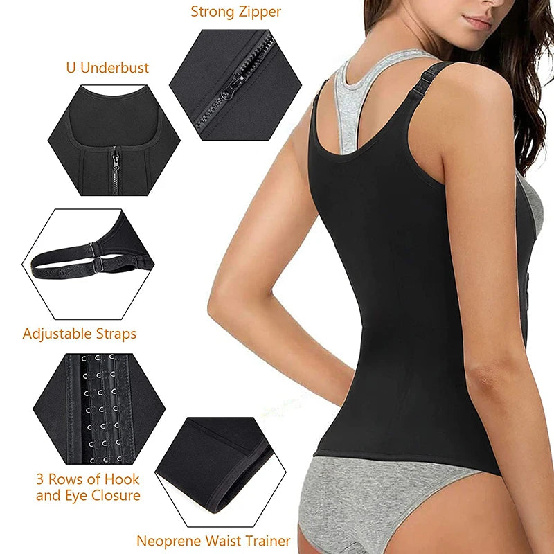 Women's Waist Trainer Corset Vest – Adjustable Body Shaper with Zipper | Slimming Sauna Tank Top for Tummy Control & Posture Support