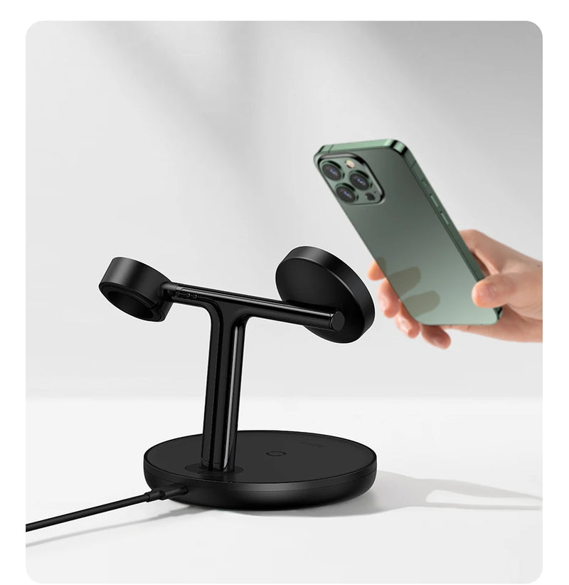 Baseus Swan 3-in-1 Magnetic Wireless Charger Stand | 20 W Fast Charging Station for iPhone 15/14 Pro, AirPods & Apple Watch