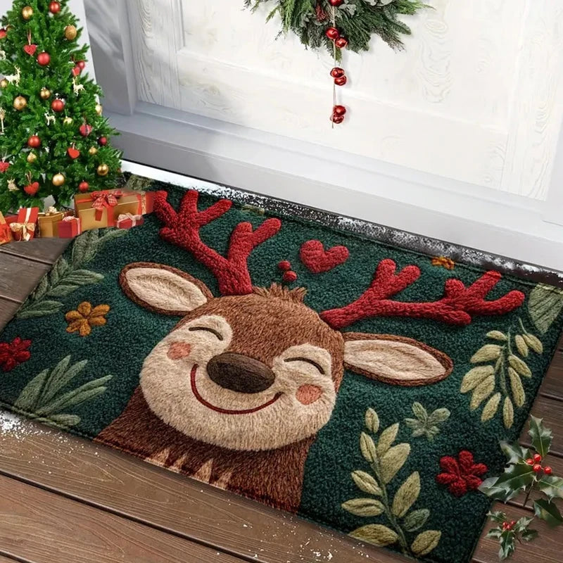 Christmas Door Mat | Santa Claus & Gingerbread Design | Red Holiday Welcome Mat for Indoor & Outdoor Use