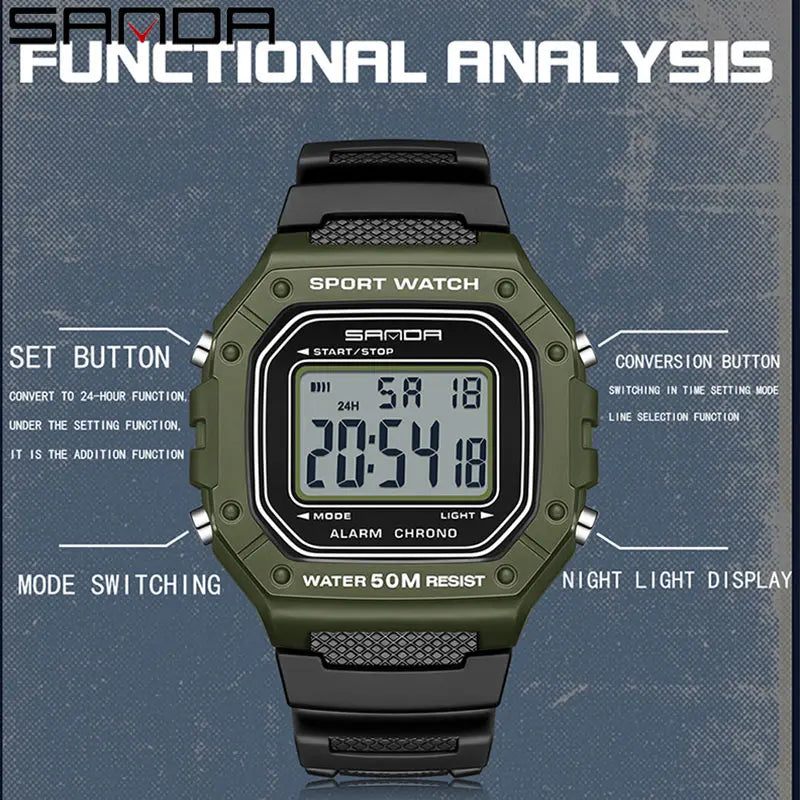 SANDA 2156 Men’s Military Sport Watch | Water-Resistant Digital Wristwatch with LED Display & Stopwatch