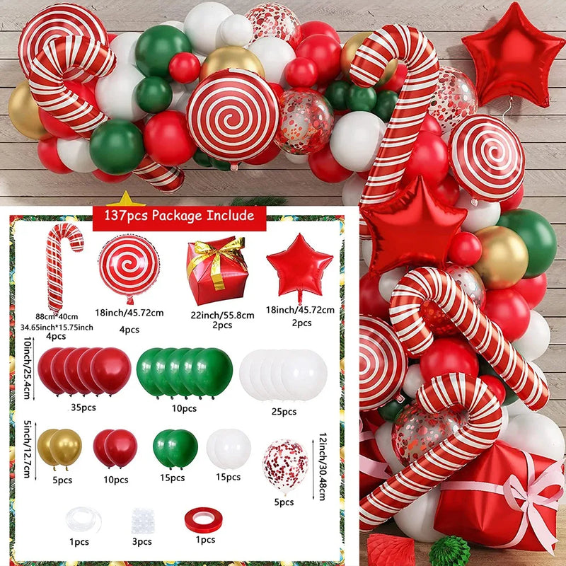 137PCS Christmas Balloon Decoration Set | Red, Green & White Balloon Arch Kit with Candy Cane & Foil Balloons