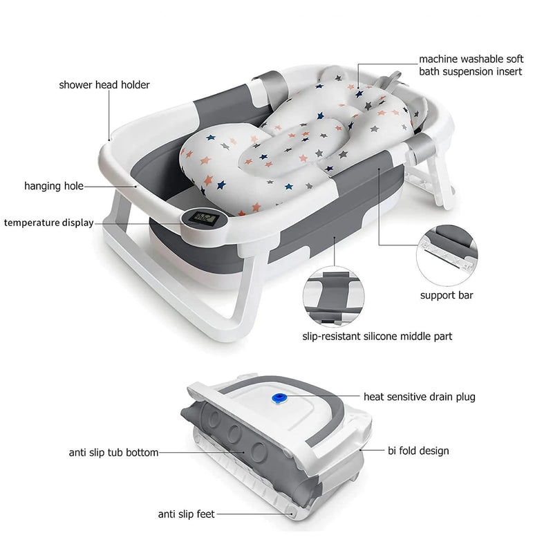 Eco-Friendly Foldable Baby Bathtub with Temperature Indicator | Infant Bath Tub with Soft Mat & Anti-Slip Design