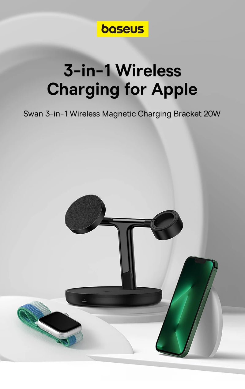 Baseus Swan 3-in-1 Magnetic Wireless Charger Stand | 20 W Fast Charging Station for iPhone 15/14 Pro, AirPods & Apple Watch