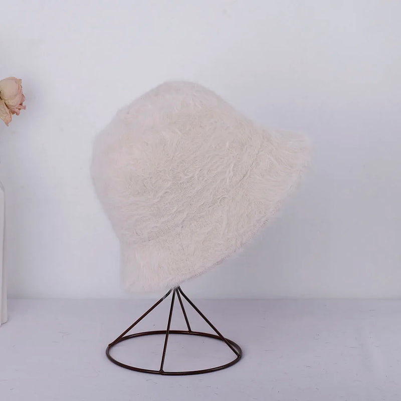 Women’s Winter Rabbit Fur Bucket Hat | Knitted Wool Fisherman Cap | Soft & Stylish Cold-Weather Accessory