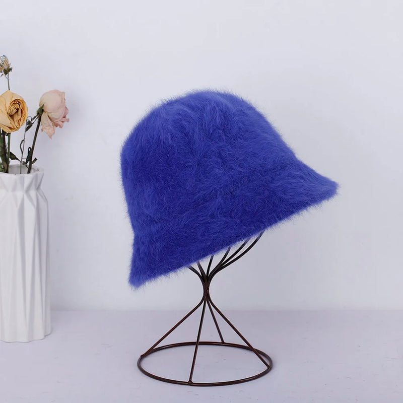 Women’s Winter Rabbit Fur Bucket Hat | Knitted Wool Fisherman Cap | Soft & Stylish Cold-Weather Accessory