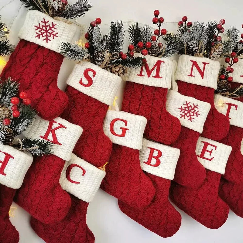 Knitted Christmas Socks with Snowflake & Letter Design | Festive Hanging Stockings for 2025–2026 Holiday Décor & Gifts