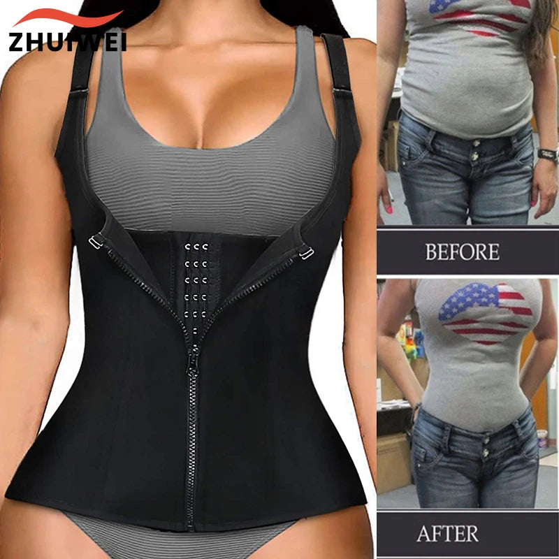 Women's Waist Trainer Corset Vest – Adjustable Body Shaper with Zipper | Slimming Sauna Tank Top for Tummy Control & Posture Support