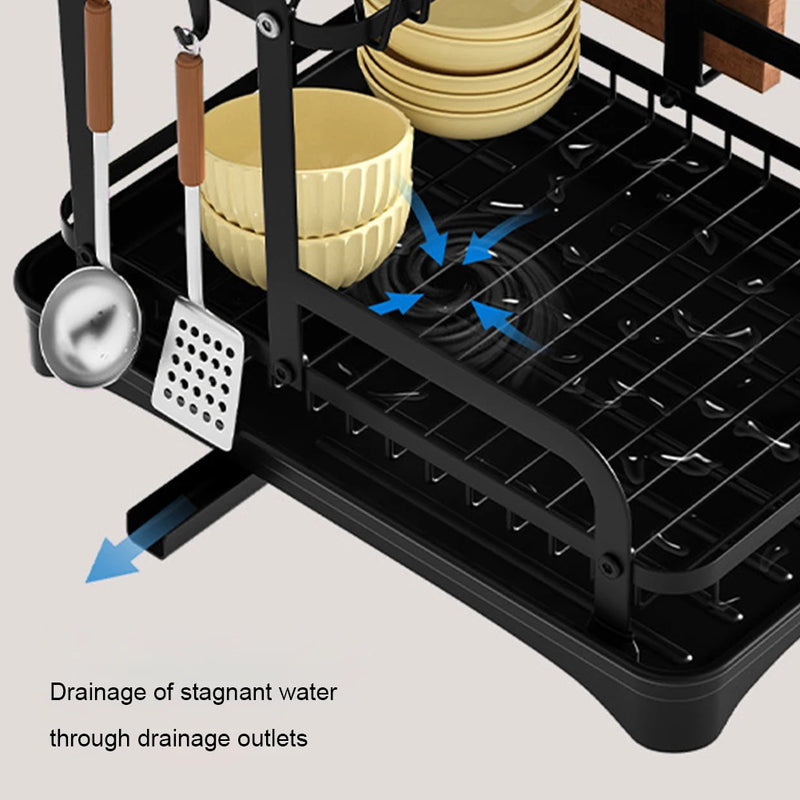 2-Tier Dish Drying Rack | Metal Dish Drainer with Drain Basket & Rotating Water Outlet | Kitchen Countertop Organizer