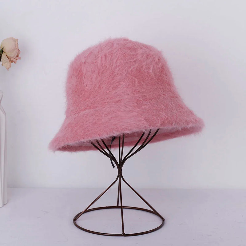 Women’s Winter Rabbit Fur Bucket Hat | Knitted Wool Fisherman Cap | Soft & Stylish Cold-Weather Accessory
