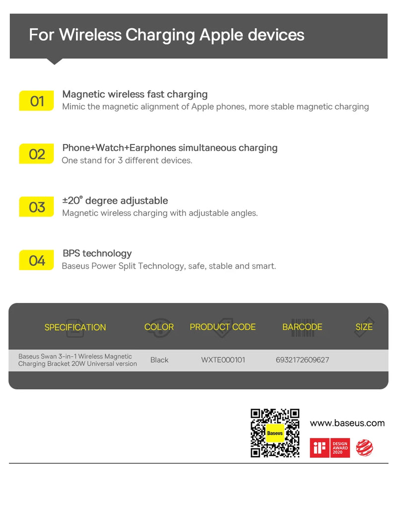 Baseus Swan 3-in-1 Magnetic Wireless Charger Stand | 20 W Fast Charging Station for iPhone 15/14 Pro, AirPods & Apple Watch