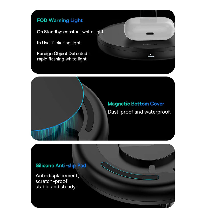 Baseus Swan 3-in-1 Magnetic Wireless Charger Stand | 20 W Fast Charging Station for iPhone 15/14 Pro, AirPods & Apple Watch