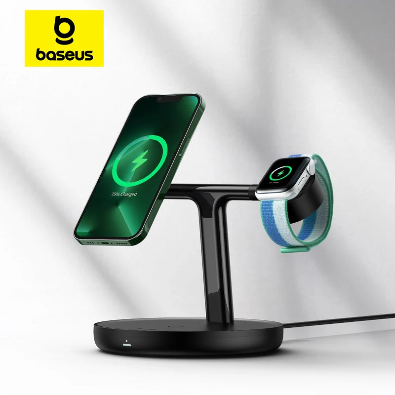 Baseus Swan 3-in-1 Magnetic Wireless Charger Stand | 20 W Fast Charging Station for iPhone 15/14 Pro, AirPods & Apple Watch