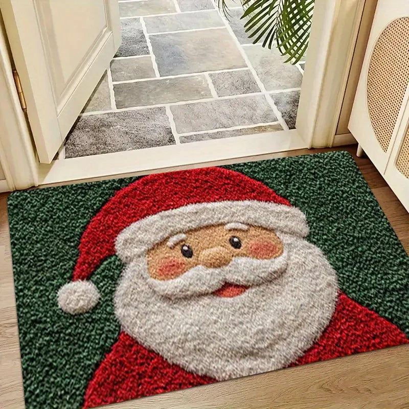 Christmas Door Mat | Santa Claus & Gingerbread Design | Red Holiday Welcome Mat for Indoor & Outdoor Use