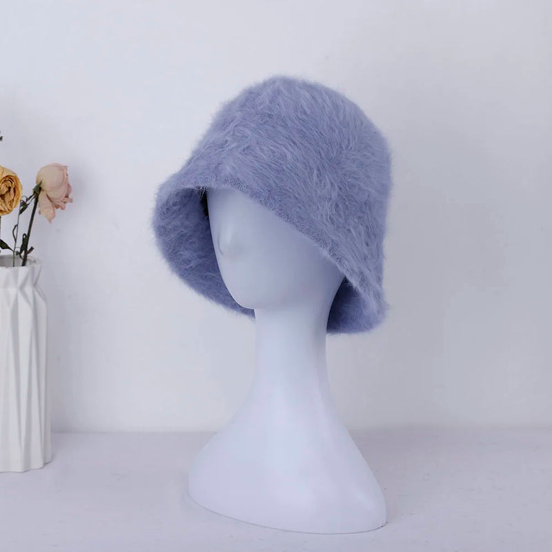 Women’s Winter Rabbit Fur Bucket Hat | Knitted Wool Fisherman Cap | Soft & Stylish Cold-Weather Accessory