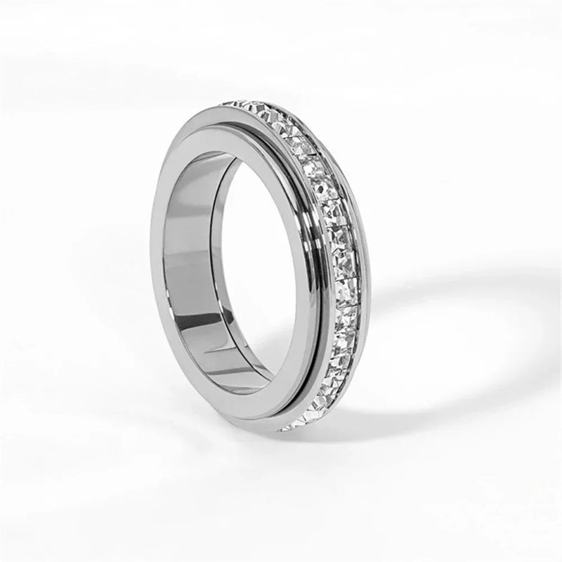 Women’s Turnable Anxiety Relief Ring – Stainless Steel Slimming Spinner Ring with Cubic Zirconia ✨