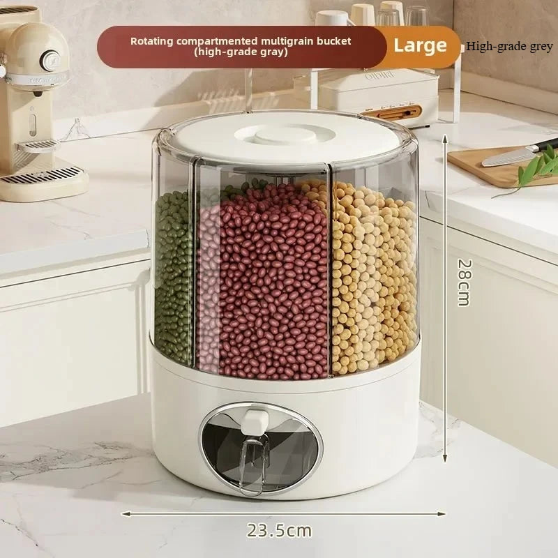 Rotating Sealed Grain & Rice Storage Container – Moisture-Proof, Insect-Proof Multi-Compartment Kitchen Dispenser