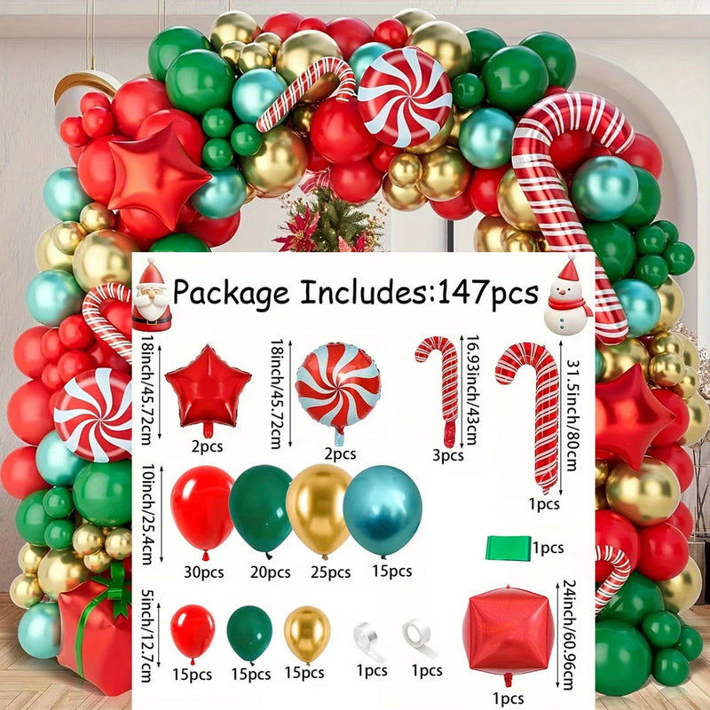 137PCS Christmas Balloon Decoration Set | Red, Green & White Balloon Arch Kit with Candy Cane & Foil Balloons